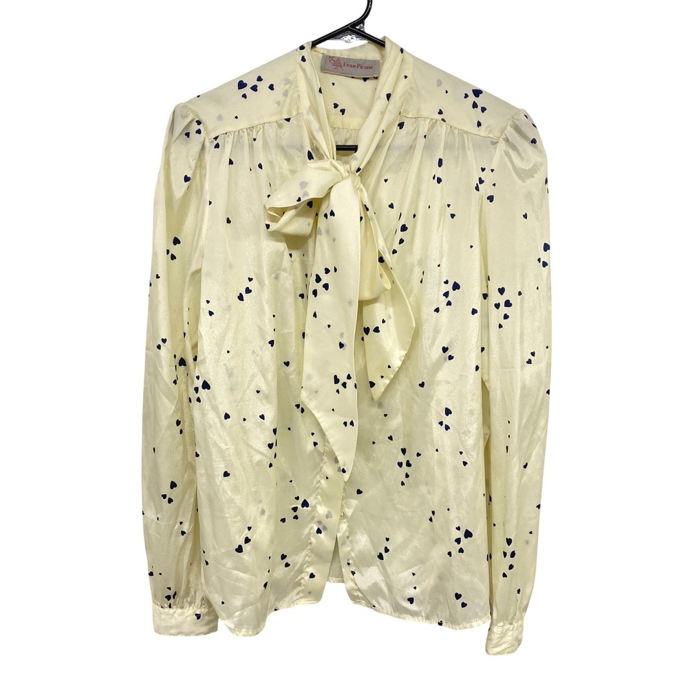 Heart Print Bow‎ Librarian Blouse M Cream Puff Sleeve Coquette Romantic